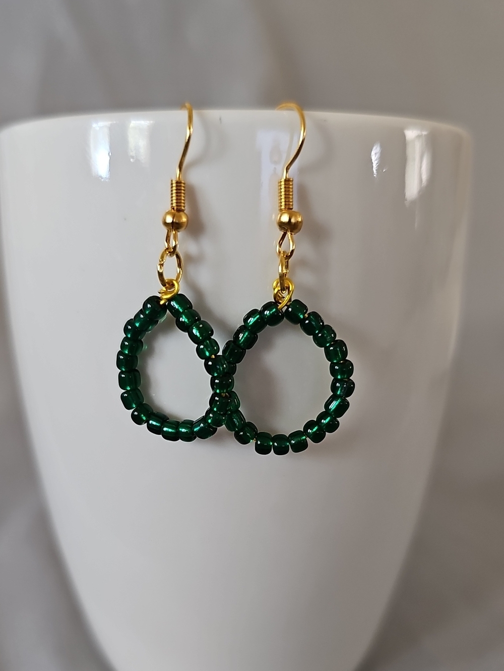 Gold & Emerald Green Beaded Drop Earrings